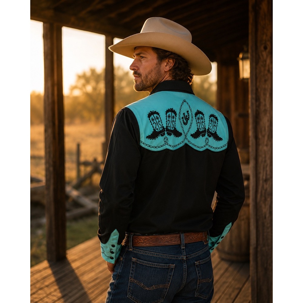 Scully Western Rodeo Shirt Black Turquoise BEADED Embroidery COWBOY‎ MEN SMALL
